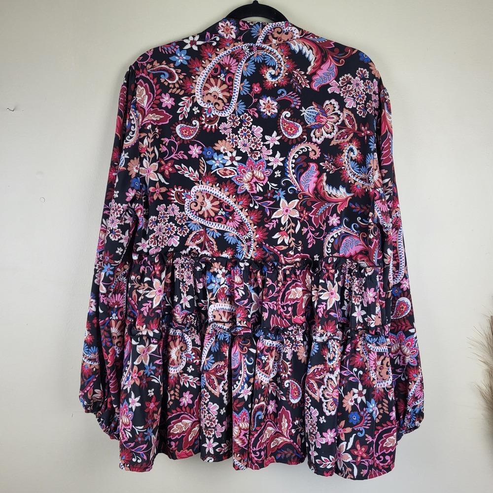Lovely J Boho Floral Paisley Top Women's Large Balloon Sleeves Ruffled Tiered - Picture 3 of 10